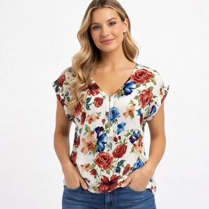Tovia Floral V-Neck Women's Top Size XL Y2K Short Sleeves